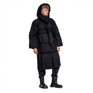 Men Black Hooded <b>Long</b> Hard Shell <b>Jacket</b> <b>Waterproof</b> Oversized Fit With Pockets Turtleneck Zip Closure Winter Outdoor Wear - Product Image 1