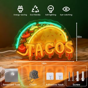 Lumière d'ambiance LED néon Taco, dimmable, alimentée par USB, pour vitrine, décoration de magasin, indicateur de rue, éclairage paysager, personnalisable 5V - Product Image 1