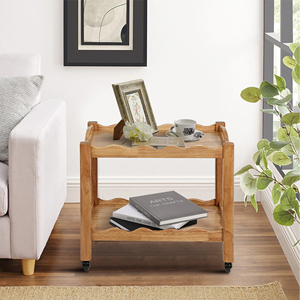 Solid Rubberwood Rolling Side Table 2-Tier Lockable Wheels Removable Tray Sturdy Durable <b>Bar</b> Cart Nightstand <b>End</b> Table - Product Image 1