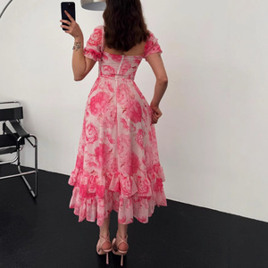 Robe de soirée pour femme en mousseline de soie à imprimé floral de style français, col carré, taille empire, plusieurs couches, respirante, printemps-automne - Product Image 2