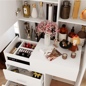 Tocador de Maquillaje Moderno Blanco, Mesa de Maquillaje de MDF con Luces LED, Espejo de Cuerpo Entero, Tapa Deslizante, Estantes Ocultos y Cajones para Dormitorio - Product Image 6
