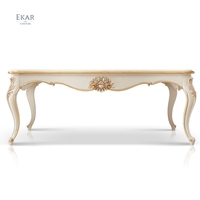 Table basse carrée en bois de style européen antique, classique, faite à la main, avec des sculptures florales blanches