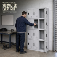 Armoire en acier ventilée avec douze portes verrouillables, entièrement en acier, pour vestiaire, rangement de vêtements de travail, sacs et chaussures