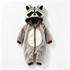 Mono de bebé personalizado de felpa gris con orejas de mapache, pelele de bebé forrado de lana para clima frío, lindo mono con capucha de animal. - Product Image 1