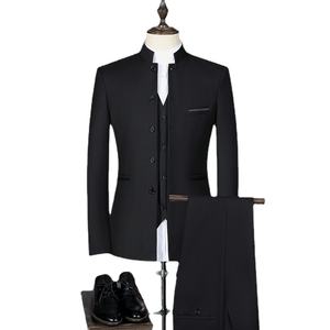 Costume d'affaires 3 pièces <span class=keywords><strong>blanc</strong></span> coupe ajustée pour homme, plissé sur le devant et col montant, imperméable, style chinois - Product Image 4