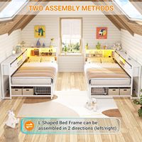 Cadre de lit d'angle réglable style ferme avec 2 tiroirs, pliable, construction métallique durable, design écologique