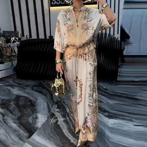 Stampa di moda estiva da donna Set 2 pezzi con cerniera a fiori uniforme da Baseball pantaloni con coulisse in due pezzi vestito elegante da ufficio - Product Image 1