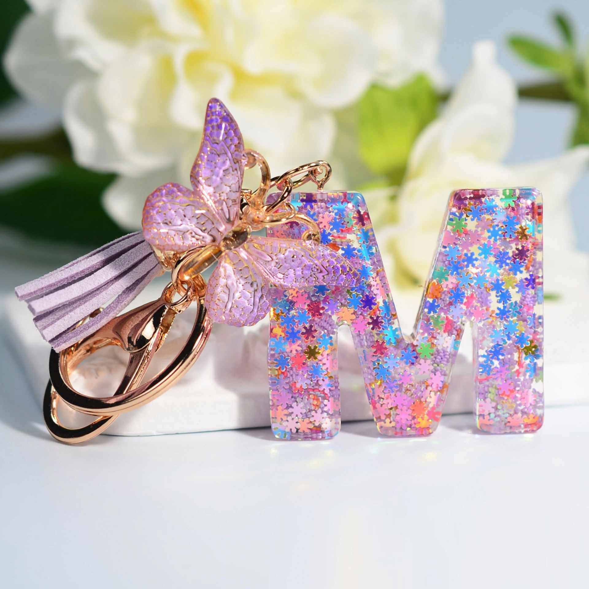 Orange Pink Letter J Keychain - Butterfly Sequins Resin Alphabet Initial Pendant With Tassel For Women