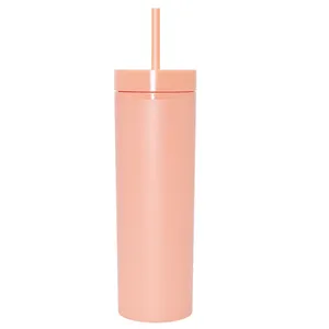 16oz doppia parete Skinny Tumbler paglia tazza in acrilico opaco personalizzato personalizzato in plastica rosa tazze con paglia