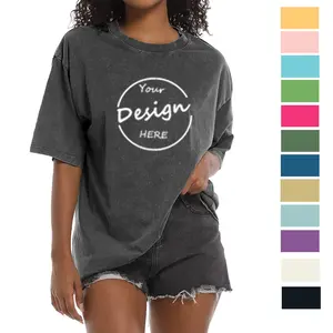 사용자 정의 도매 대형 헐렁한 씻어 티셔츠 소녀 화면 인쇄 일반 헤비급 면산 세척 빈티지 티셔츠 여성