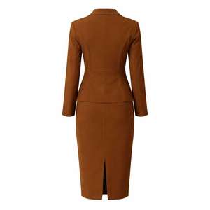 Conjunto de <span class=keywords><strong>Traje</strong></span> a Medida de Lino Puro Color Caramelo para Mujer: Blazer de Manga <span class=keywords><strong>Larga</strong></span> y <span class=keywords><strong>Falda</strong></span> Lápiz <span class=keywords><strong>con</strong></span> Camisa Blanca Uniforme de Trabajo - Product Image 4