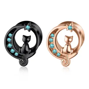 NUORO Đen Cat On The Moon Ear Expander Piercing Phụ Nữ Người Đàn Ông Đường Hầm Tai Thép Không Gỉ Piercing Jewlery