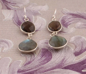 925 Sterling <b>Silver</b> Minimalist <b>Long</b> Hook Drop <b>Earrings</b> with Natural Labradorite Smokey Quartz for Wedding or Gift - Product Image 4