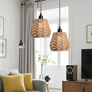 โคมไฟหวายทอแบบแขวน E27 หลอดไฟ LED ทรงกลมสีน้ำตาล ติดตั้งง่าย สำหรับห้องนั่งเล่น ห้องนอน ตกแต่งร้านอาหาร - Product Image 1