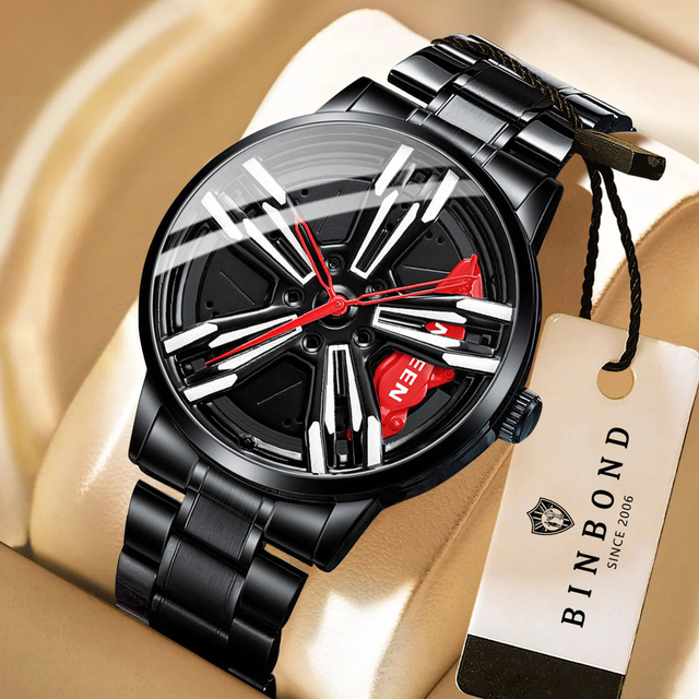 BINBOND Motorcycle Luxury Watch Men Rotating Wheel Hub Hollow Design Stainless Steel Quartz Watch Waterproof Wrist Watch