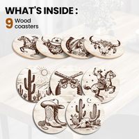 Sous-verres en bois, 9 pièces, design western cowboy, sous-verres ronds réutilisables pour la décoration de la maison, du bureau, du bar, de la table
