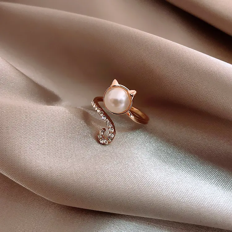 2022 fashion crystal DIY pearl cat ring metal