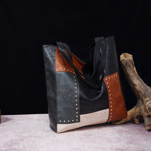 Vintage tachonado Colorblock Tote Bolso de hombro de gran capacidad para mujer - Product Image 6