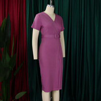D504 Dernière Collection Robes d'Été pour Femme de Bureau, Manches Courtes, Col en V, Robe Crayon Ajustée Taille, Robe Décontractée Afrique pour Femme