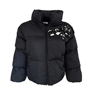 Men's <b>Black</b> Puffer <b>Jacket</b> Stand Collar Zipper Closure <b>Sequin</b> Embroidery Windproof Winter Coat Casual Style - Product Image 1