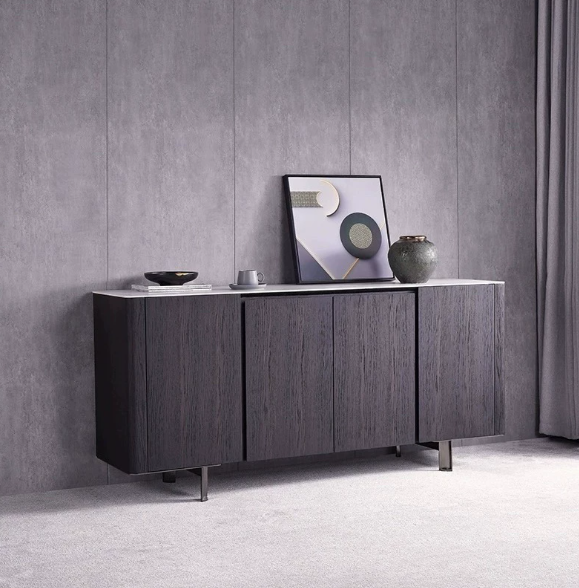 Italian-Style Light Luxury Living Room: Stone-Finish Sideboard, Minimalist Wall-Mounted Entryway Cabinet, Smoked Oak TV Stand