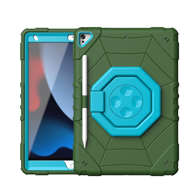 Heavy Duty Shockproof Spider-Web Silicone Case for iPad 7/8/9 Gen 10.2" (2019-2021) with 360° Rotating Kickstand & Pencil Holder