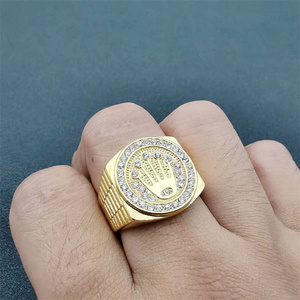 도매 신상 펑크 힙합 남성용 316L 스테인리스 스틸 18K 금도금 반지 크라운 다이아몬드 반지 - Product Image 5