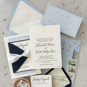 Carte d'invitation de mariage vintage en typographie, papier coton imprimé, gaufrage, estampe dorée pour mariage religieux, réception, usage professionnel - Product Image 3