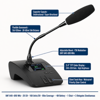 Unité de Présidence de Conférence Sans Fil avec Double Microphone à Matrice UHF FSK, 168 Délegés, Portée 60M, Suivi par Caméra pour Salle de Réunion, Batterie Rechargeable