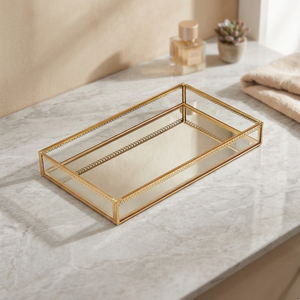 Gold <b>Mirrored</b> Storage <b>Tray</b> Decorative Food Jewelry Organizer Single Modern Luxury Portable Multifunction Sustainable Living Room - Product Image 3