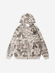 Sudadera con Capucha para Hombre, Corte Regular, 100% Algodón, Forrada, con Estampado de Grafiti, Cierre de Cremallera, Estilo Urbano, Otoño - Product Image 1