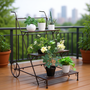 Support à plantes en métal à 3 niveaux avec roulettes et poignée pour pots de fleurs de balcon, design moderne, finition thermolaquée - Product Image 2