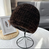 Natürliche Kreuzmuster-Nerzmütze für Damen, Warme Handgestrickte Echte Nerzfell-Mütze im Russischen Stil