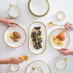 Plato de borde dorado de porcelana blanca nórdica, juegos de platos con borde dorado de lujo, <span class=keywords><strong>vajilla</strong></span> de cerámica para Cena - Product Image 6