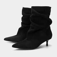 Bottines en daim pour femmes, style décontracté, bout pointu, talon chaton, froncées, à enfiler, bottes tendance, chaussures d'automne et d'hiver, marron, noir