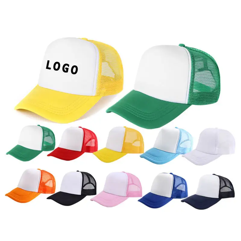 Gorra de camionero de 5 paneles lisa al por mayor, gorra de camionero de espuma de primera calidad con impresión personalizada y logotipo bordado