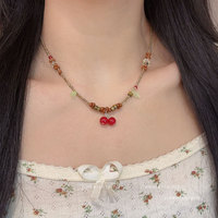 Collier ras du cou vintage JS fait main avec perles et feuilles, bijoux d'été, accessoires, collier cerise pour femme