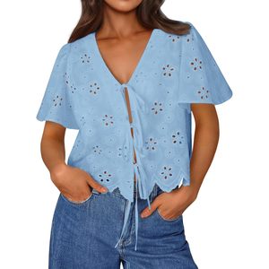 Chemisier d'été pour femme à manches courtes en mousseline de soie, avec nœud sur le devant, broderie ajourée, style bohème, idéal pour les vacances à la plage - Product Image 1