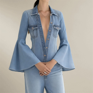 จั๊มสูทเดนิมแฟชั่นผู้หญิงทรงหลวมสีพื้นแบบลำลองติดกระดุมเม็ดเดียวคอลเลคชั่นใหม่ประจำฤดูใบไม้ร่วง/ฤดูหนาว - Product Image 2