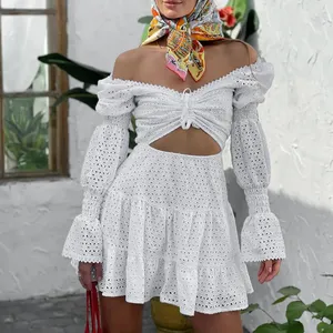 Enyami French Bohemian Romantic White Cotton Dresses Hollow Out Sexy Ruched Front Puff Long Sleeves Casual A-line Women Dress