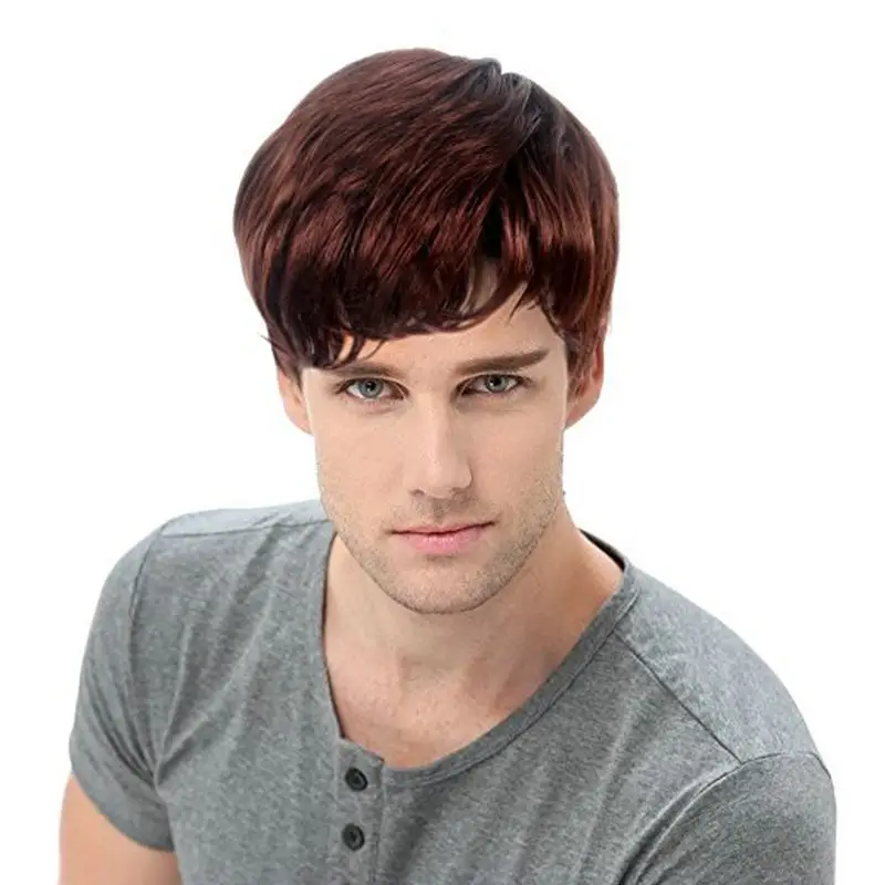 Kısa düz tam sentetik peruk erkekler için yüksek sıcaklık Fiber erkek saç Fleeciness gerçekçi peruk kahverengi yapay saç