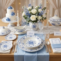 Service de vaisselle en céramique bleu et blanc à fleurs, style campagne française, avec décor vintage, assiettes en porcelaine pour mariages, banquets, hôtels et vente au détail