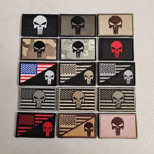 Bordir emblem taktis tengkorak Punisher Patch bendera Amerika