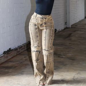 Jean cargo droit décontracté pour femme, style streetwear vintage, coupe ample, avec fermeture éclair et poches, en denim délavé – Nouvelle collection très prisée - Product Image 1