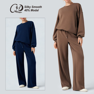 Silky Smooth Modal Fabric Mid Rise Drawstring Casual Straight-leg Pants with Pockets and Round Collar Long Sleeves <strong>Activwear</strong> <strong>Set</strong> - Product Image 2