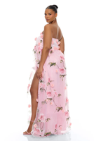 Robe de soirée élégante pour femme, sans bretelles, en mousseline rose, taille naturelle, avec fleurs 3D et fente haute, longue, pour bal de promo et mariages