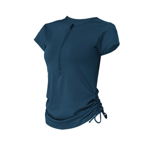 T-shirt de yoga pour femme à demi-zip avec cordon de serrage latéral et fronces, respirant, à manches courtes, séchage rapide, pour l'entraînement, la course et le sport - Product Image 5