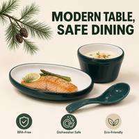 Service de table bicolore vert et blanc 100 % mélamine, vaisselle de qualité alimentaire, assiettes et bols, passe au lave-vaisselle, réutilisable