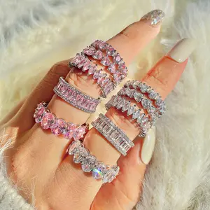 शीर्ष बर्फीले महिलाओं 925 चांदी गुलाबी अंगूठी आइस्ड आउट bling बच्चे गुलाबी 5A जिक्रोन 925 चांदी लक्जरी फैशन हार्ट ओवल आकार की अंगूठी गहने