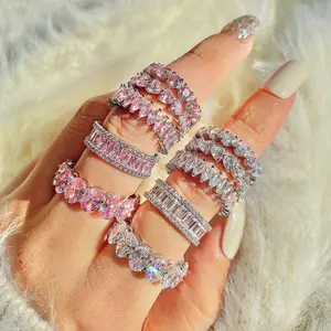 Üst buzlu kadınlar 925 gümüş pembe halka buzlu out bling bebek pembe 5A zirkon 925 gümüş lüks moda kalp oval şekli yüzük takı